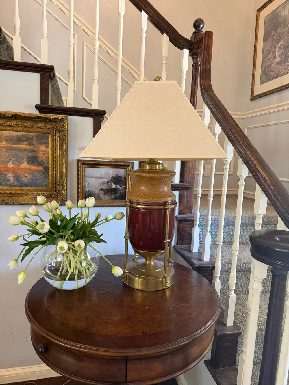 Vintage Mid Century Ceramic Brass Accent Table Lamp in Red and Tan by - Picture 1 of 12